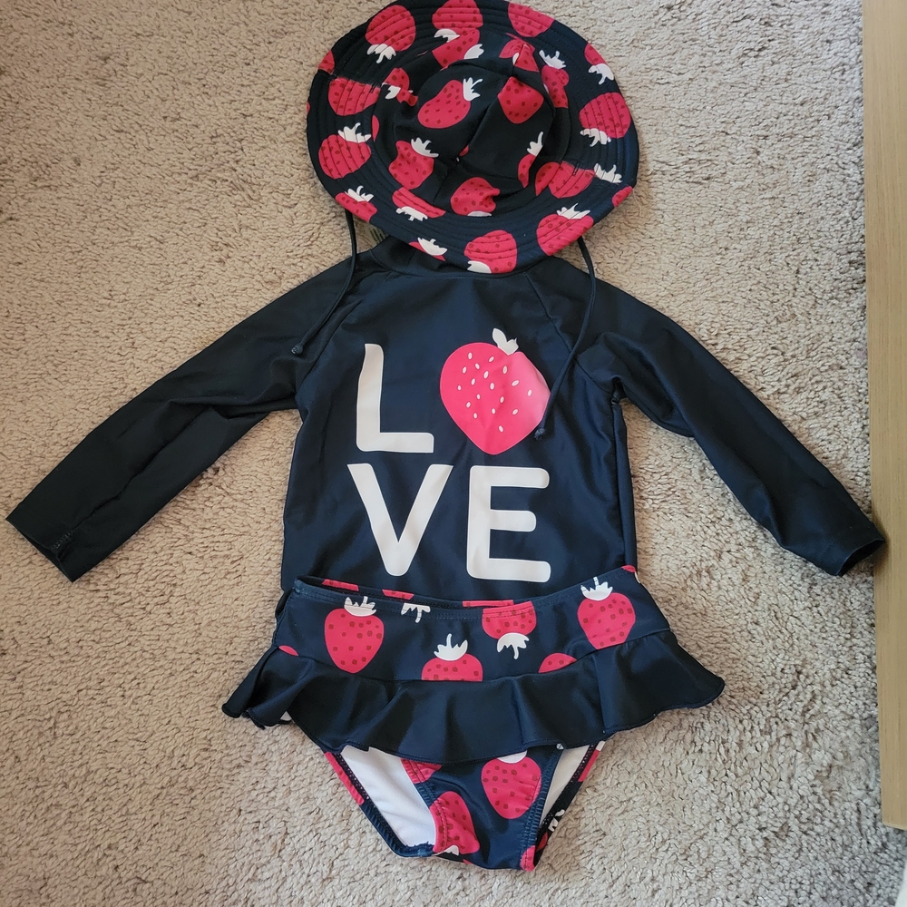 Kids Strawberry Rashguard Set - Black and Red